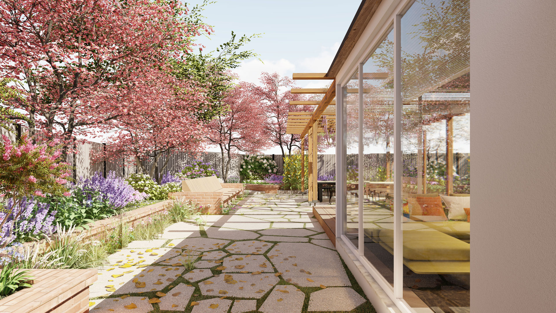 Khu vườn phía sau ngôi nhà hiện đại, tiện nghi